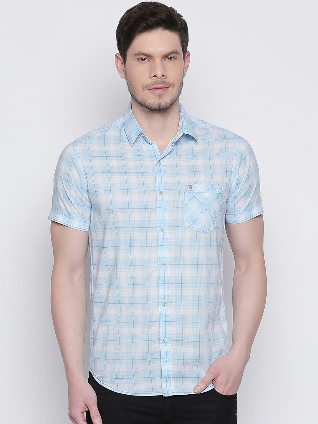 Mufti Men White & Turquoise Blue Slim Fit Checked Casual Shirt