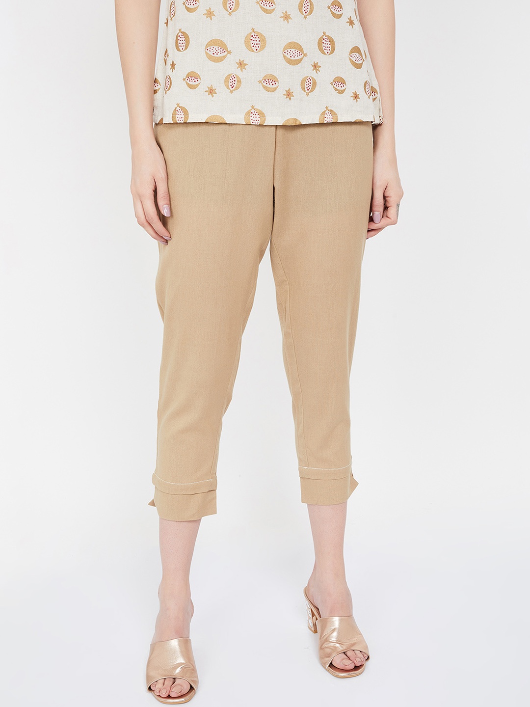 Melange by Lifestyle Women Beige Regular Fit Solid Cigarette Trousers