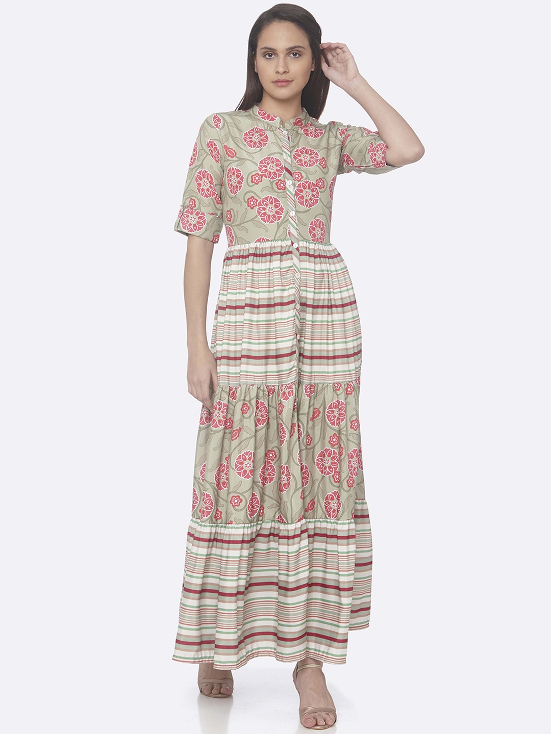 RAISIN Women Green & Red Printed Maxi Dress