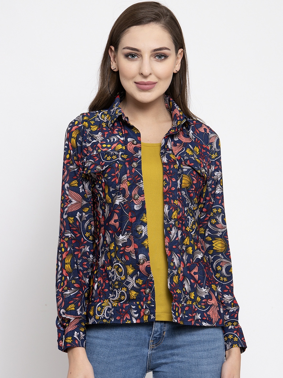 armure Women Blue & Yellow Regular Fit Printed Casual Shirt