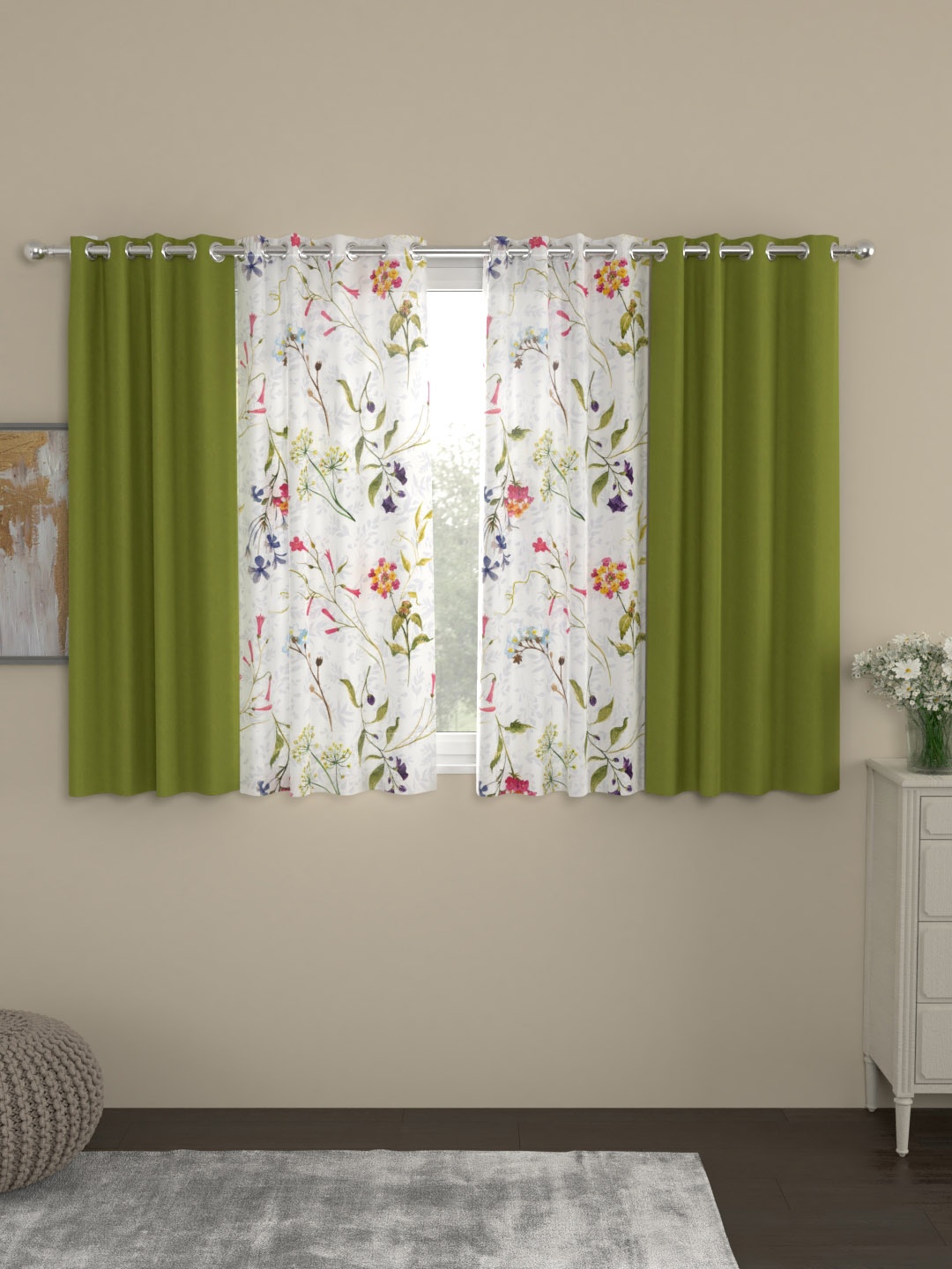 ROSARA HOME White & Green Set of 4 Window Curtains