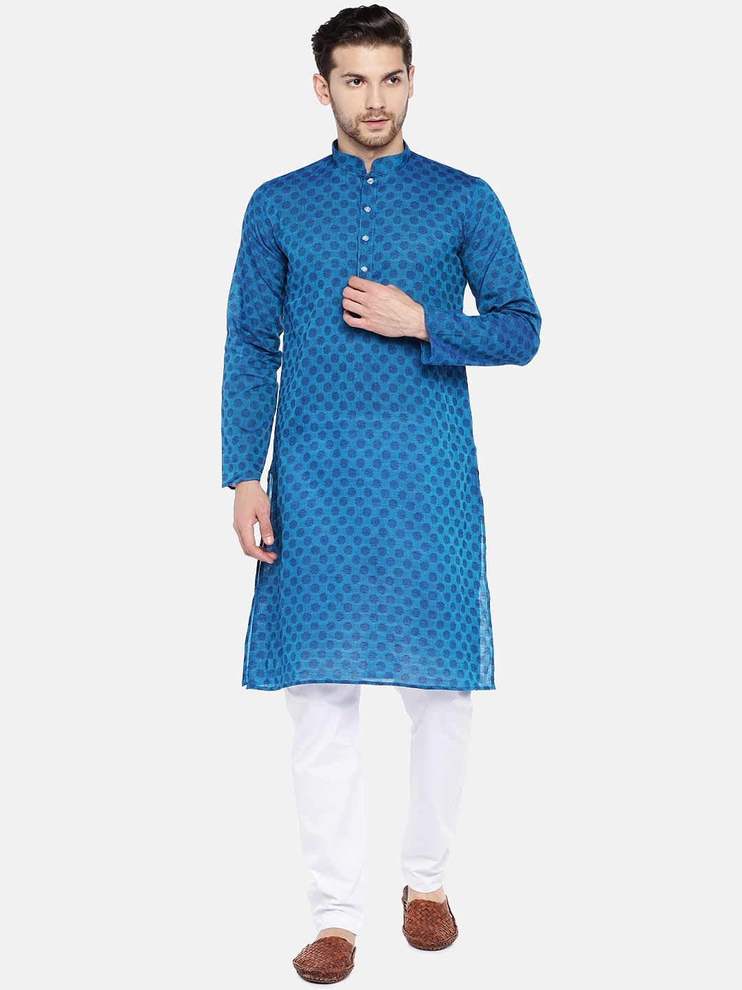 RAJUBHAI HARGOVINDAS Men Blue & White Self Design Kurta Set