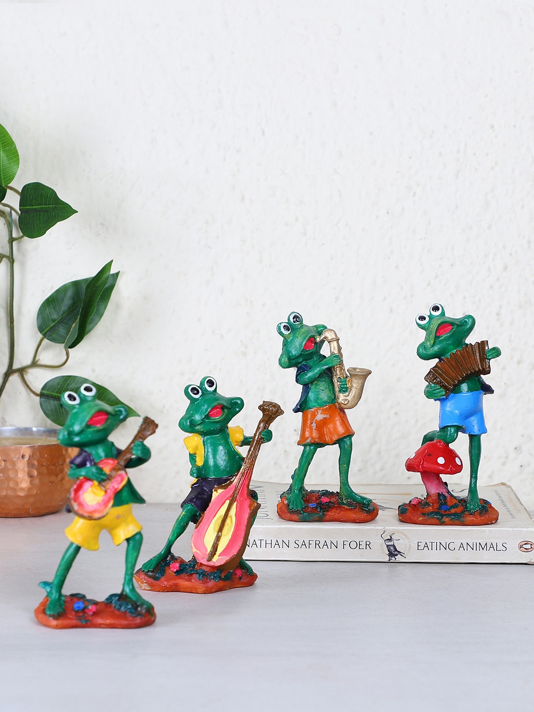 TIED RIBBONS Set Of 4 Green & Orange Decorative Frog Showpieces