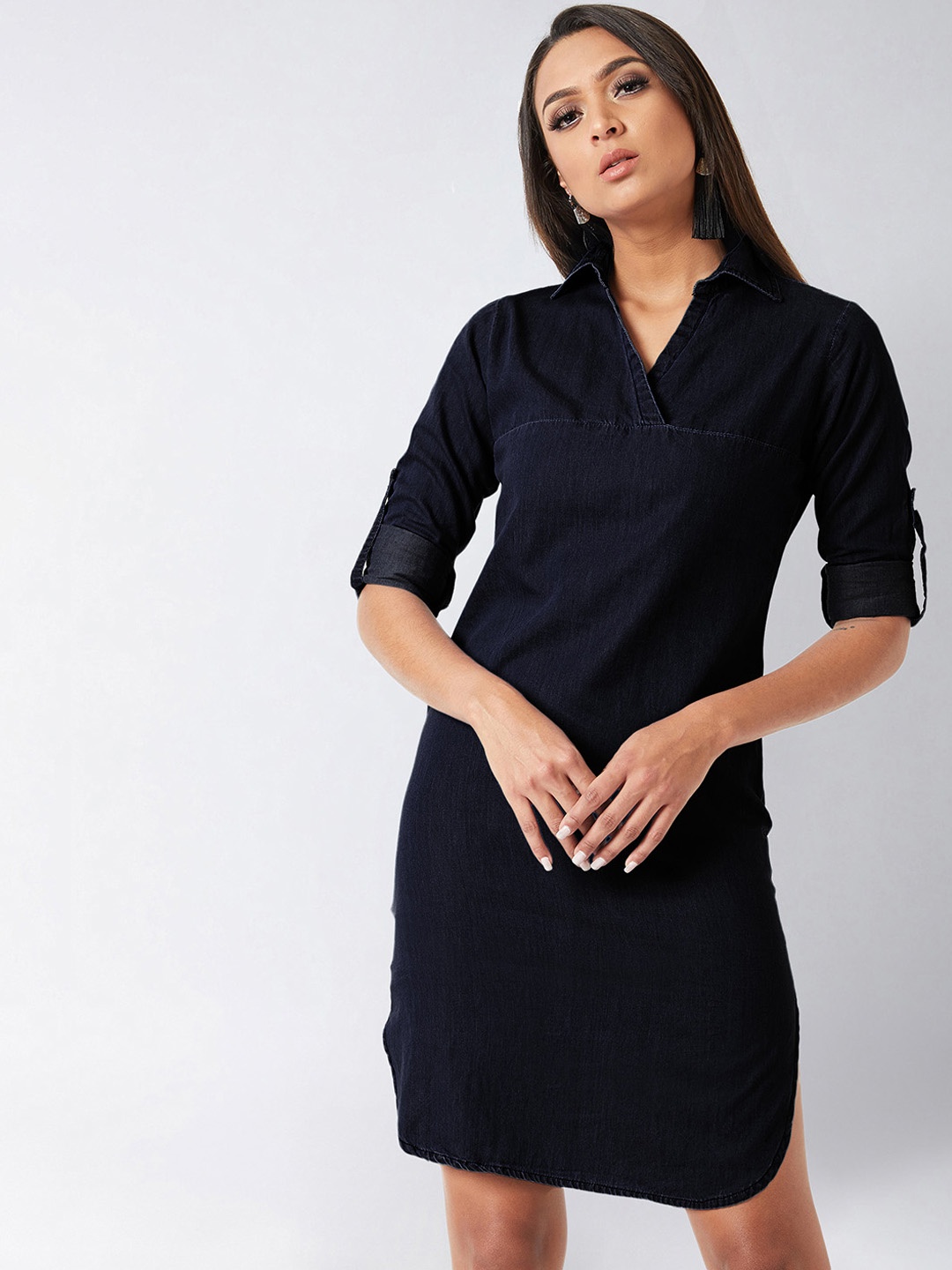 Miss Chase Women Navy Blue Solid Shirt Denim Dress
