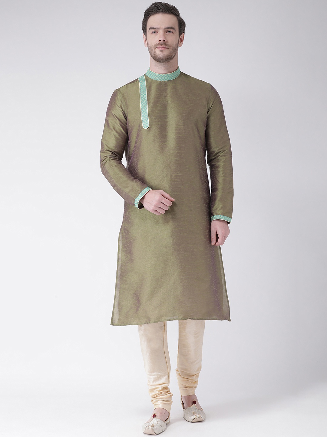 DEYANN Men Olive Green Woven Design Straight Kurta