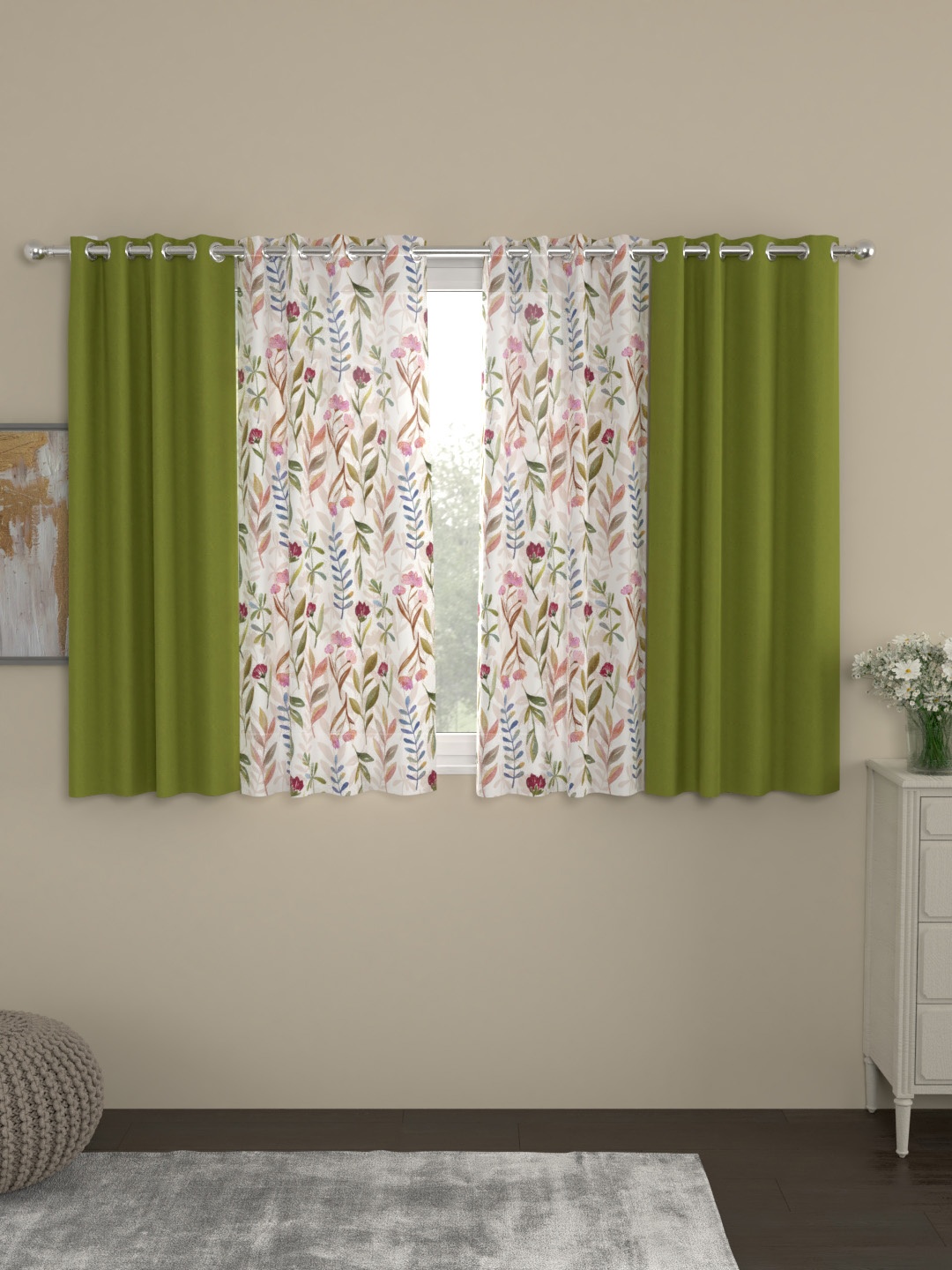 ROSARA HOME Green & White Set of 4 Window Curtains
