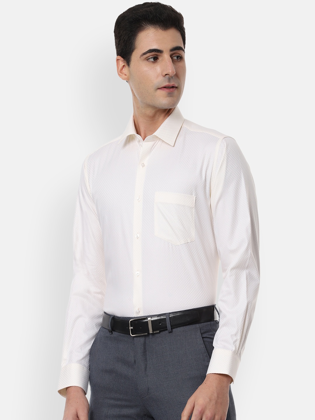 Van Heusen Men Cream-Coloured Regular Fit Self Design Formal Shirt