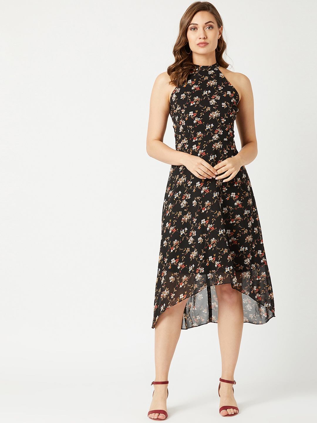 Miss Chase Women Black Printed Fit and Flare Dress