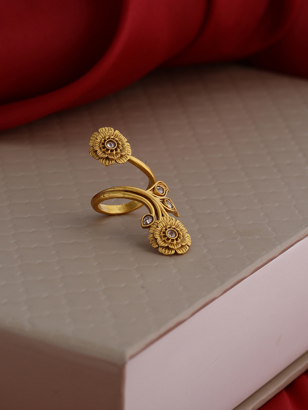 Shoshaa Women Gold-Plated Stone-Studded Open-Ended Antique Finger Ring