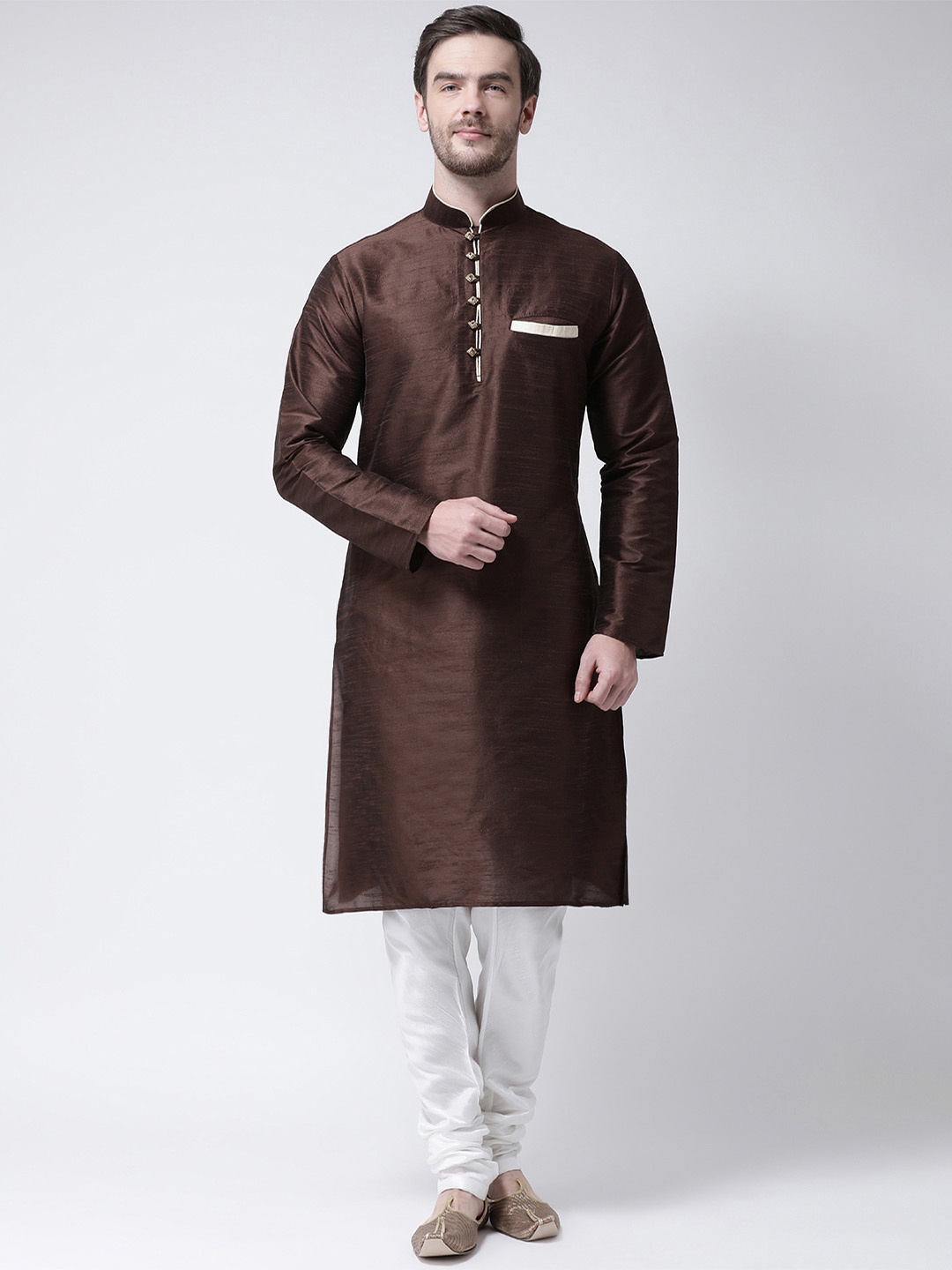 SG LEMAN Men Coffee Brown & Off-White Solid Kurta with Churidar