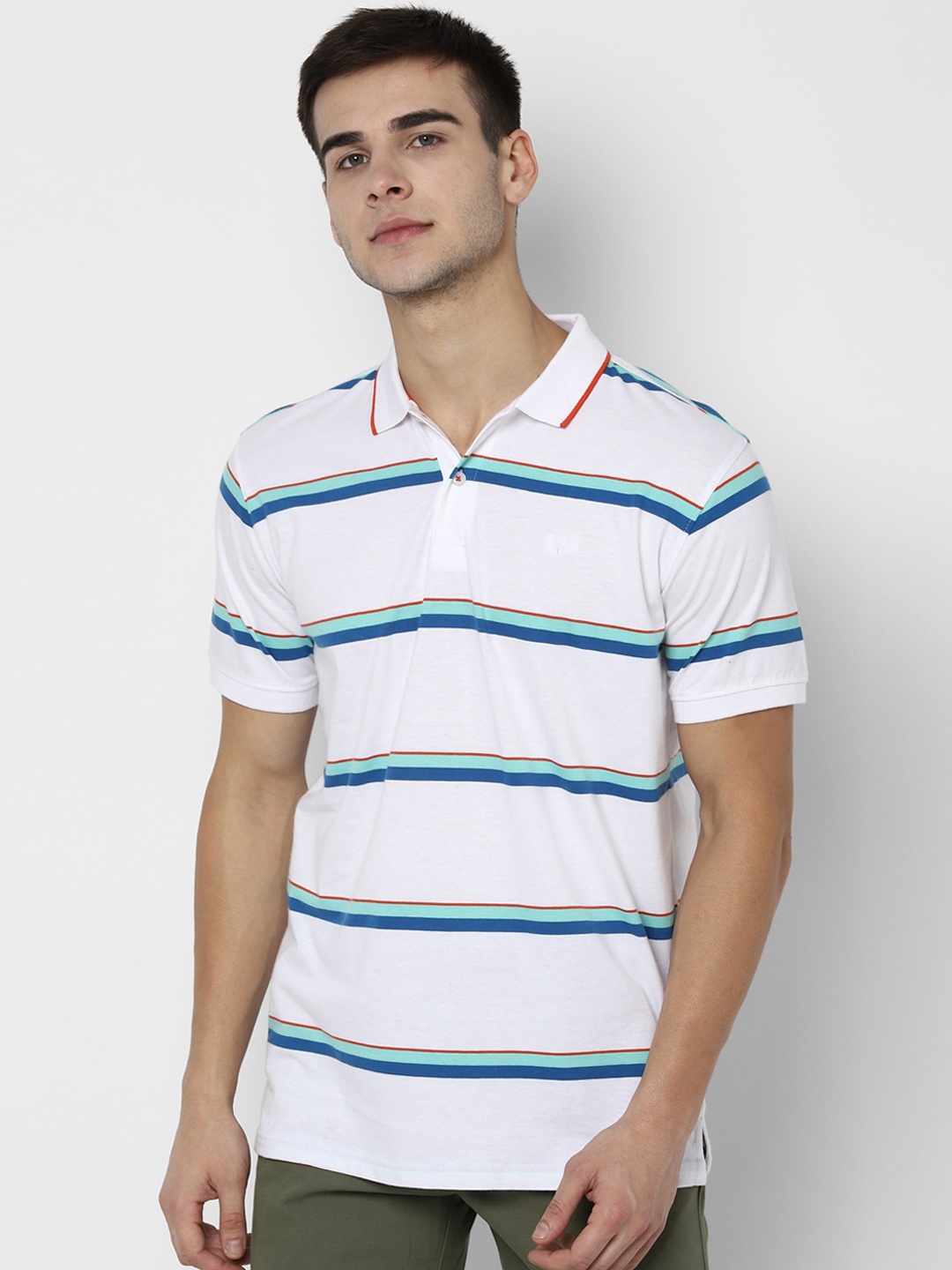 Allen Solly Men White Striped Polo Collar Pure Cotton T-shirt