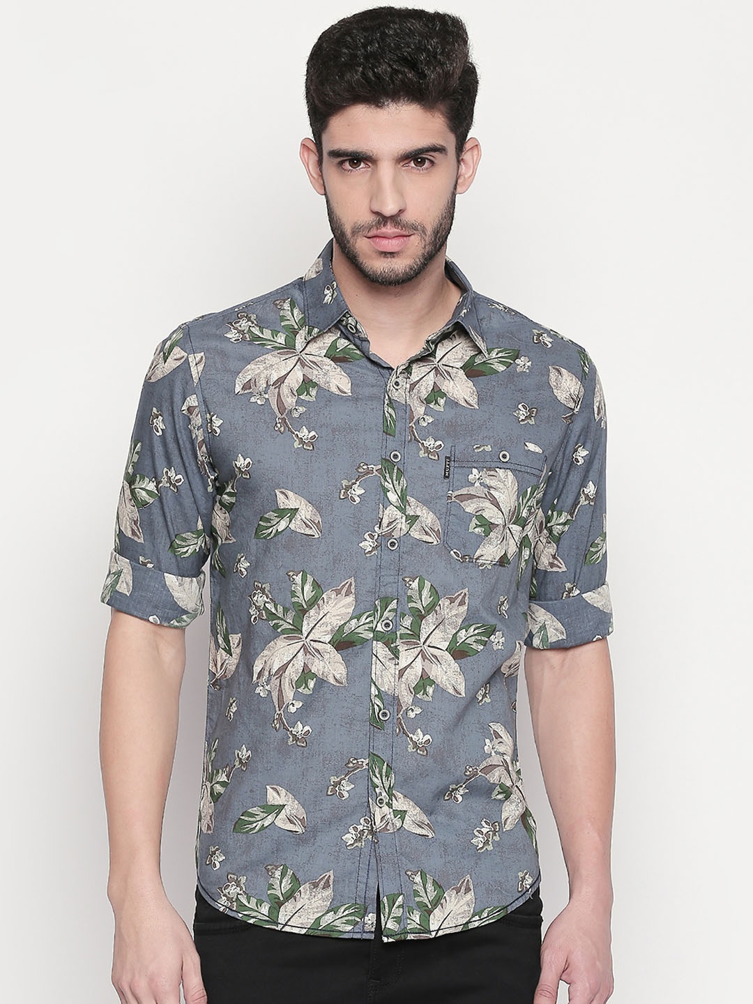 Mufti Men Grey & Yellow Slim Fit Printed Casual Shirt