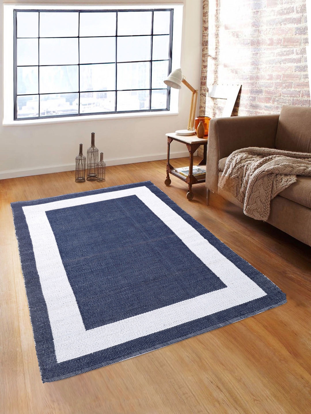 ROMEE Navy Blue & White Colourblocked Anti-Skid Dhurrie
