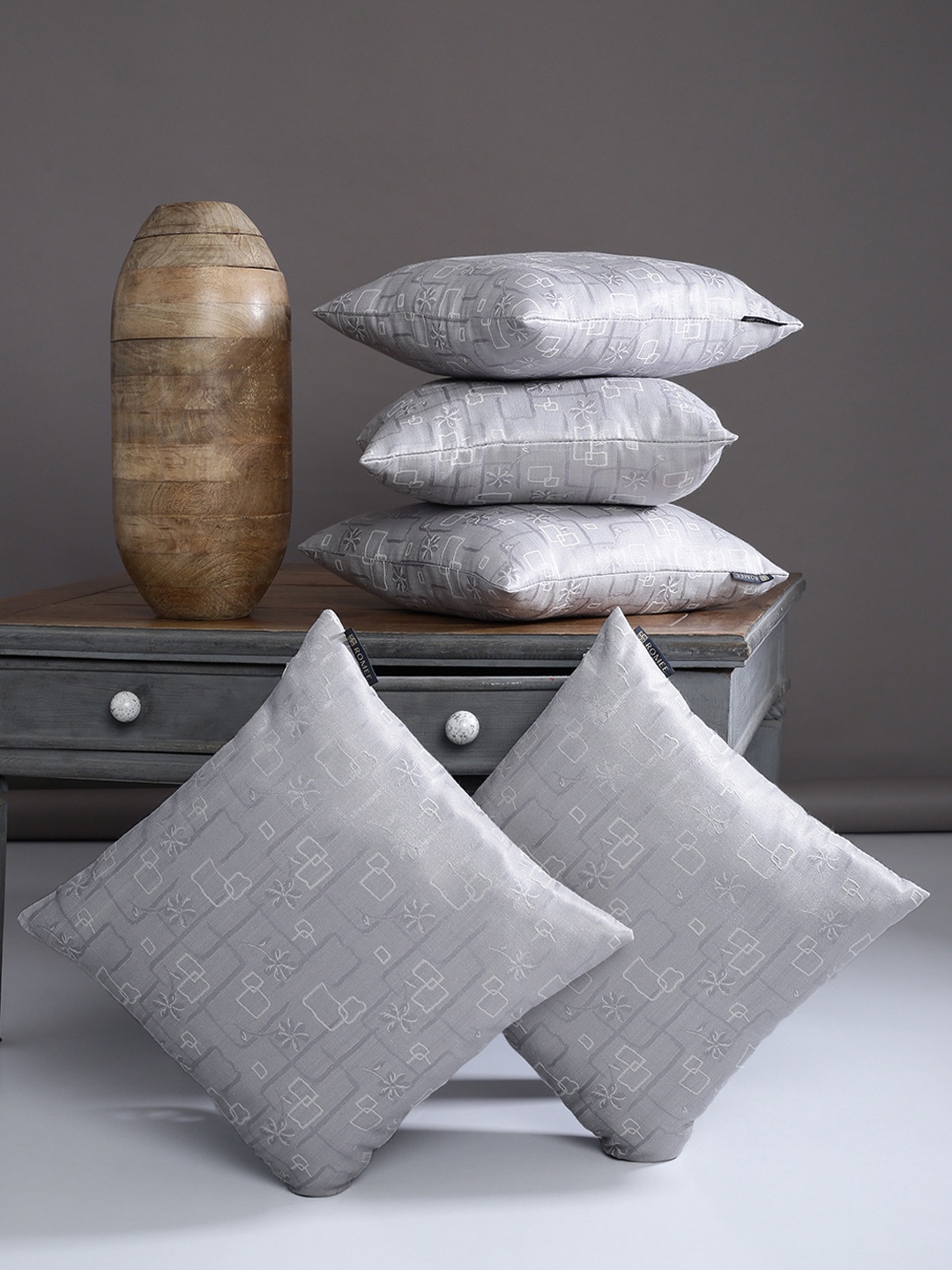 ROMEE Silver-Toned Set of 5 Floral Square Cushion Covers