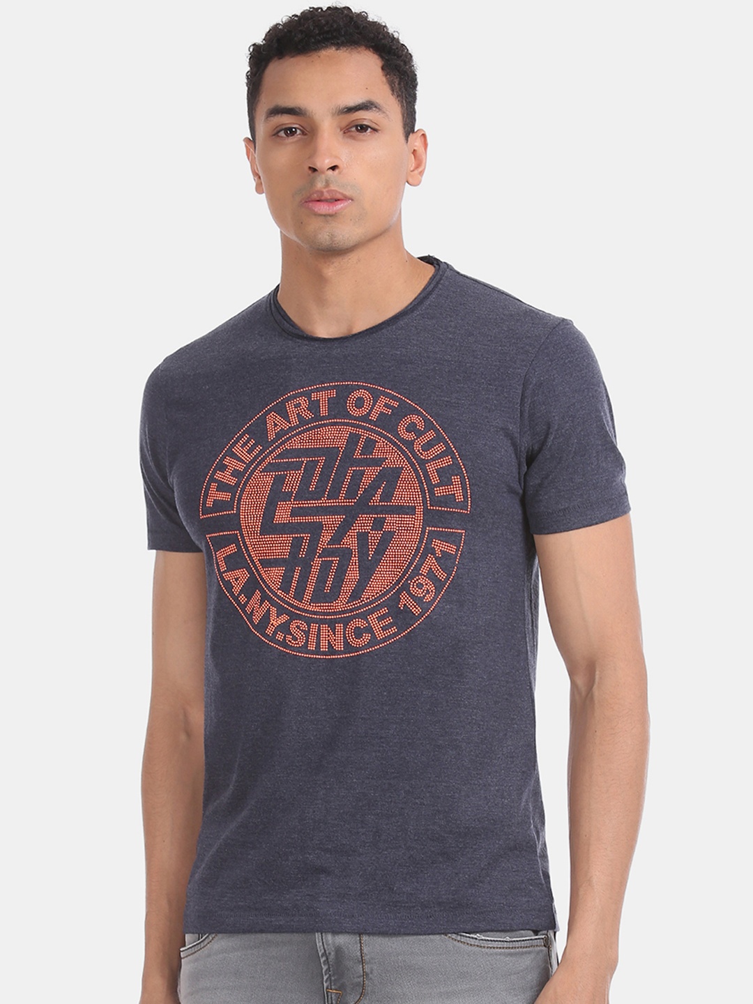Ed Hardy Men Navy Blue & Rust Orange Studded Round Neck T-shirt