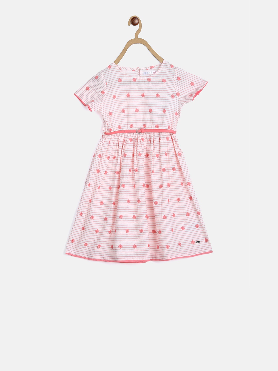 ELLE Girls Pink & White Striped Fit and Flare Dress