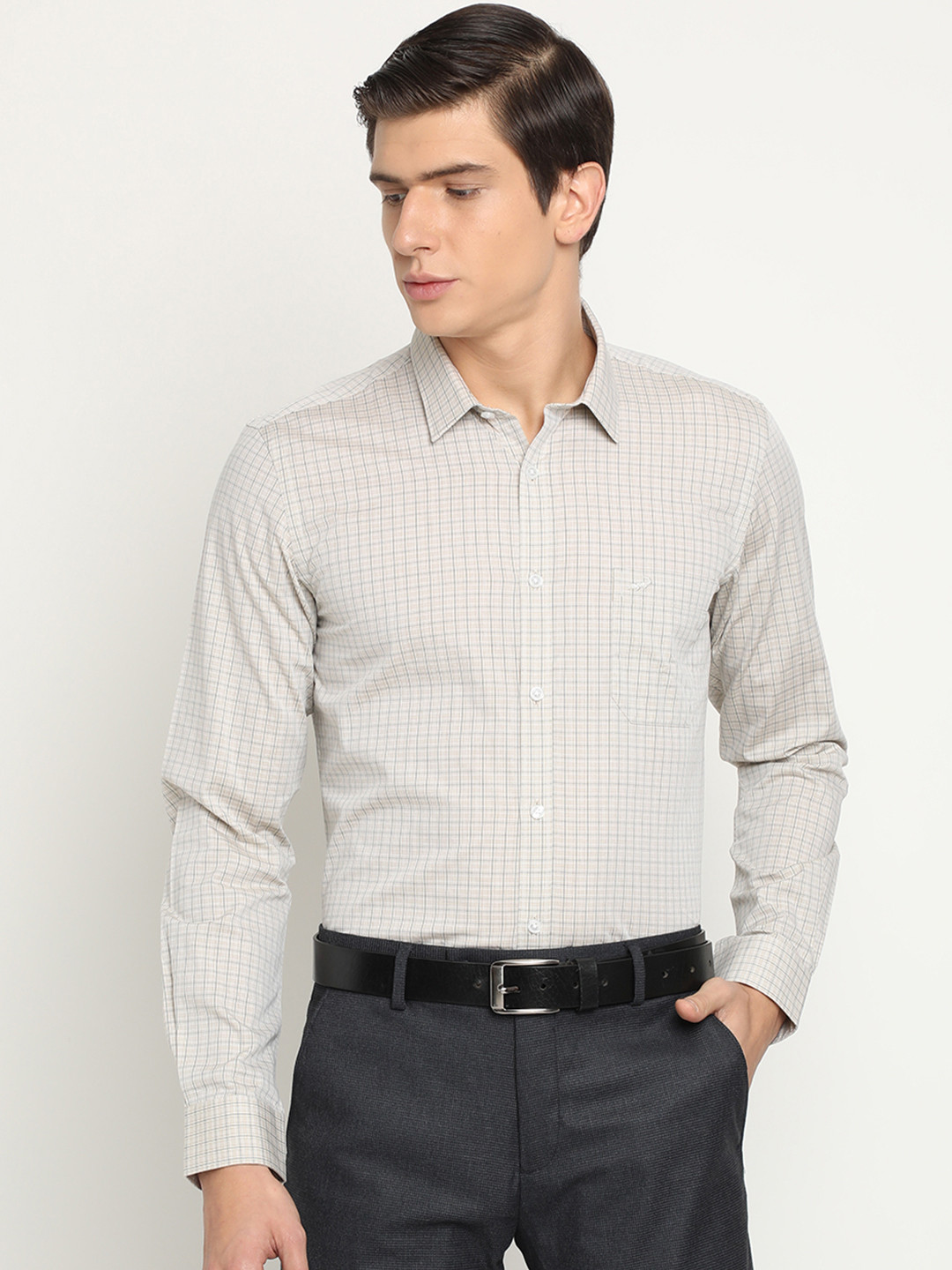 Crocodile Men Beige & Grey Slim Fit Checked Formal Shirt 
Crocodile Men Beige & Grey Slim Fit Checked Formal Shirt
