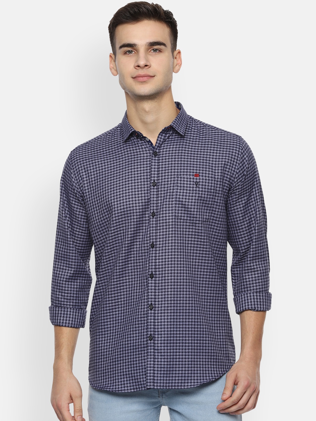 V Dot Men Blue Slim Fit Checked Casual Shirt