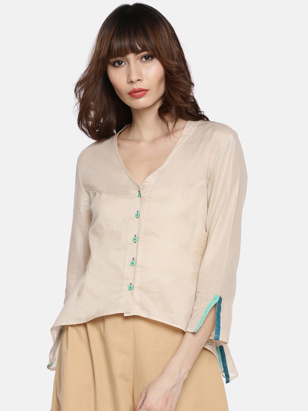 GRASS by Gitika Goyal Women Cream-Coloured Slim Fit Solid Casual Shirt