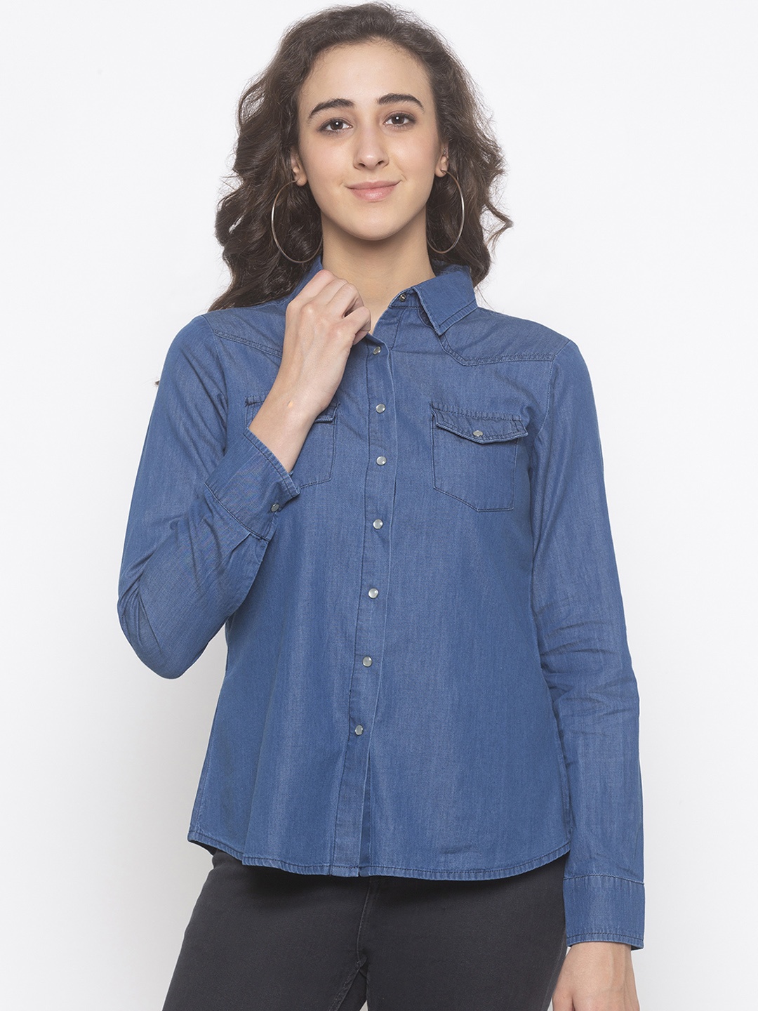 Globus Women Blue Solid Shirt Style Pure Cotton Top