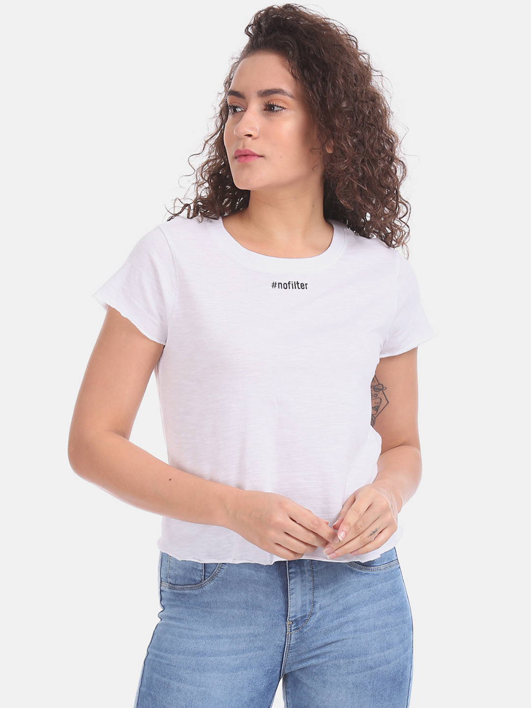 Flying Machine Women White Solid Round Neck T-shirt 
Flying Machine Women White Solid Round Neck T-shirt