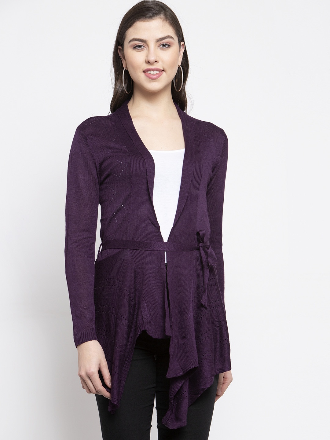 KLOTTHE Women Purple Self Design Open Front Shrug
