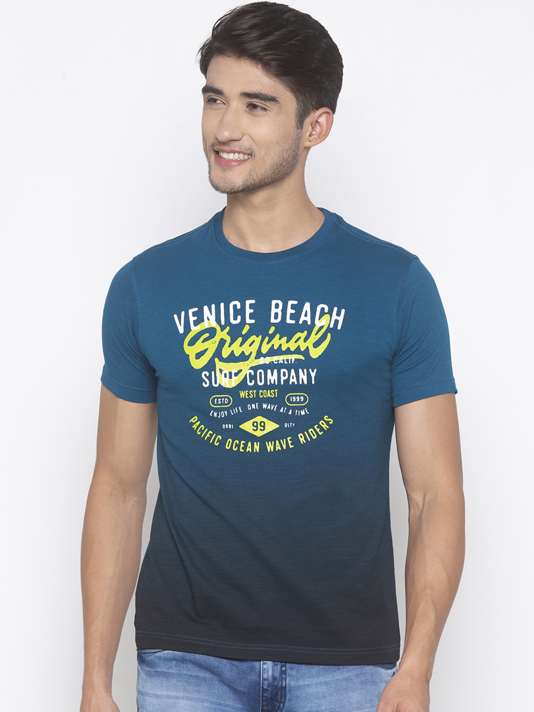 Globus Men Blue Printed Round Neck T-shirt