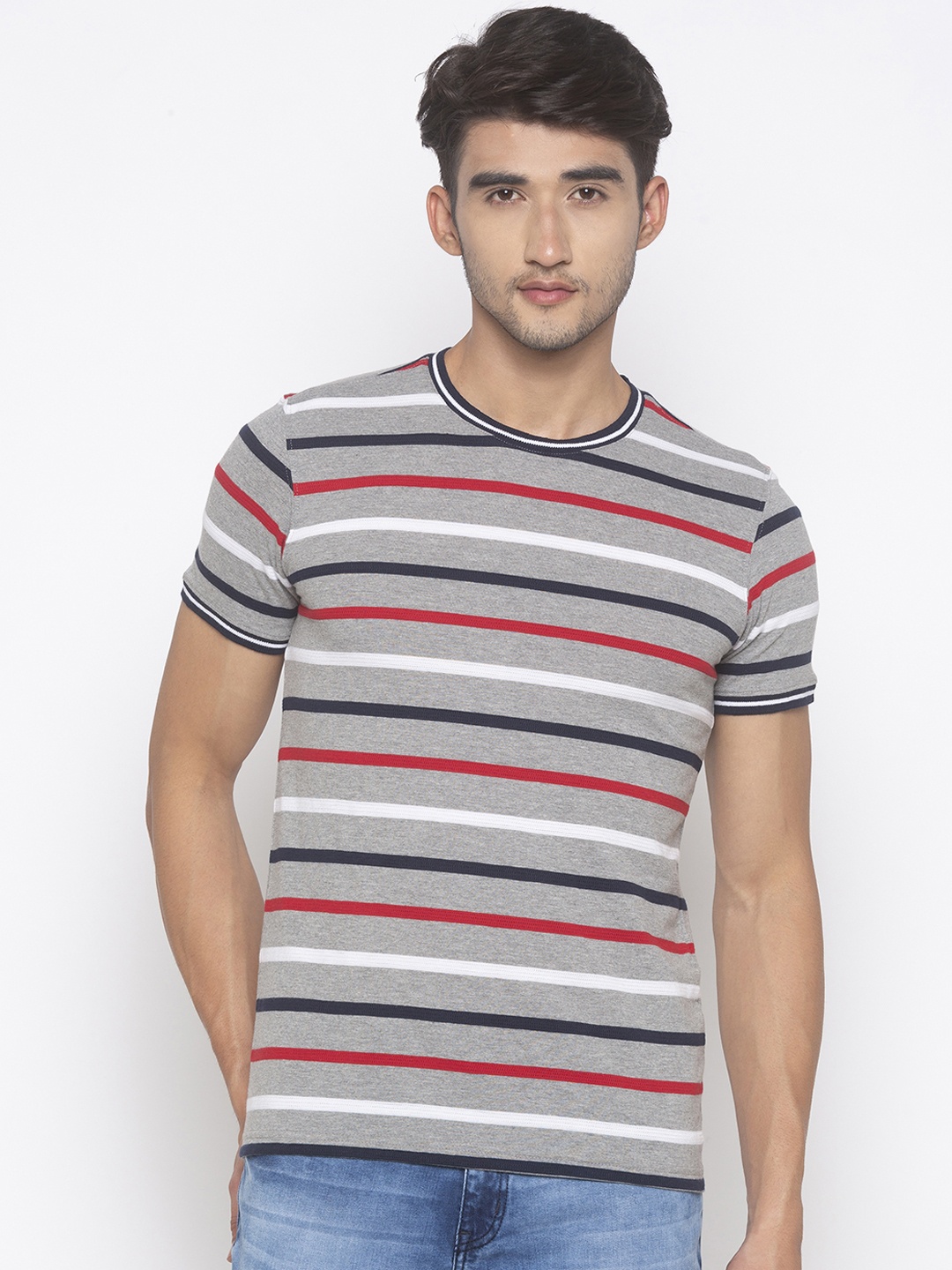 Globus Men Grey & White Striped Round Neck Slim Fit T-shirt