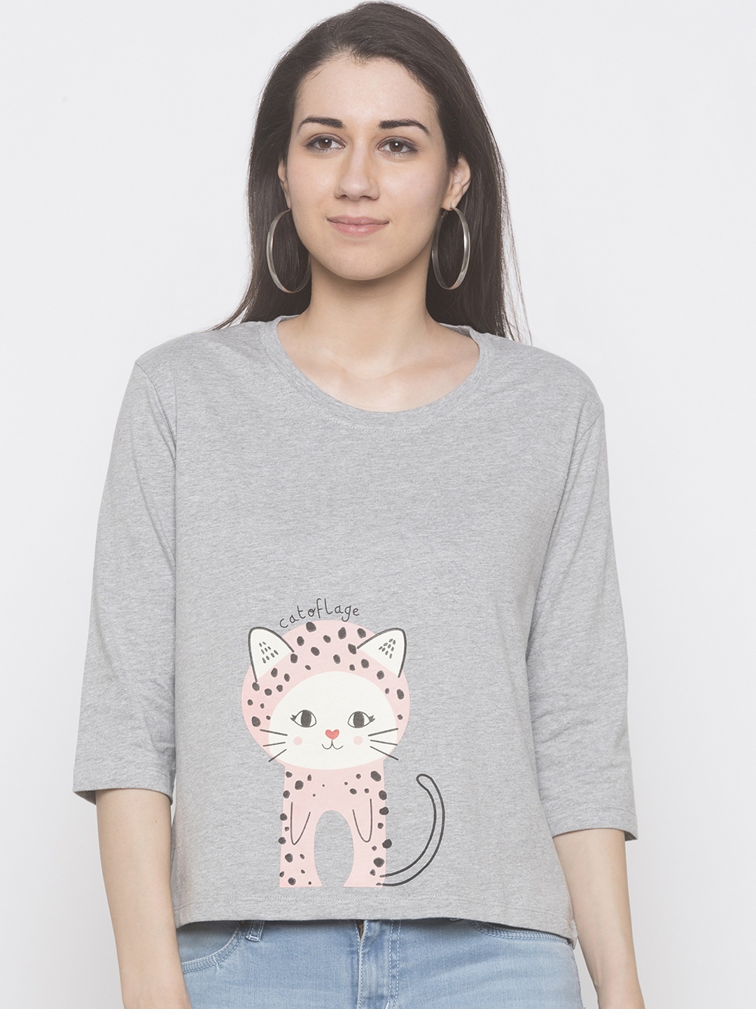 Globus Women Grey Printed Round Neck T-shirt