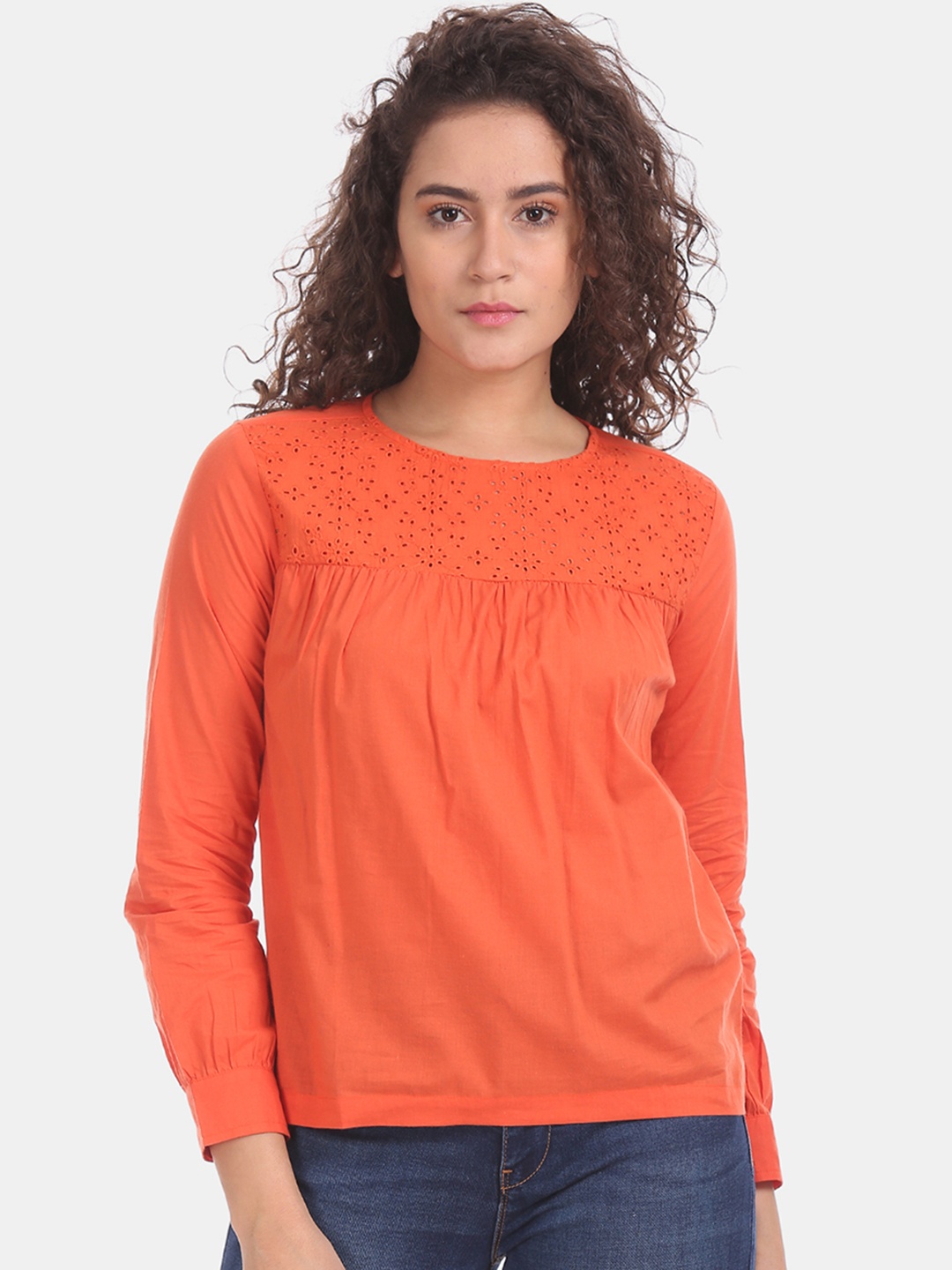 Flying Machine Women Orange Self Design Pure Cotton Top