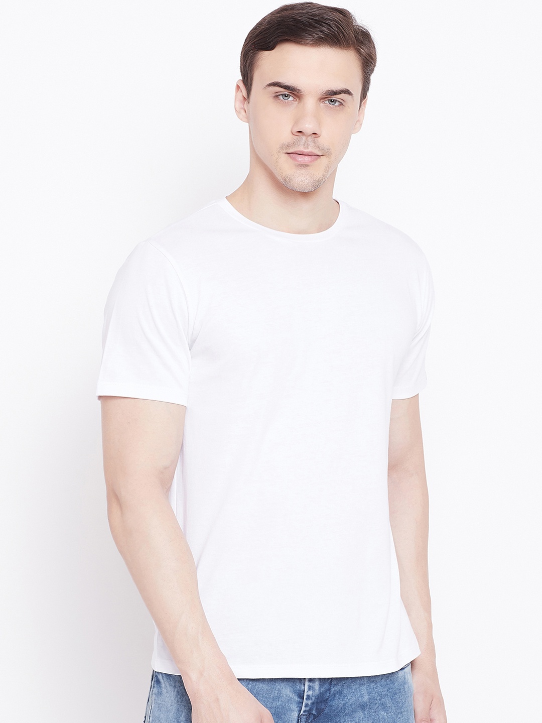 LE BOURGEOIS Men White Solid Round Neck Pure Cotton T-shirt