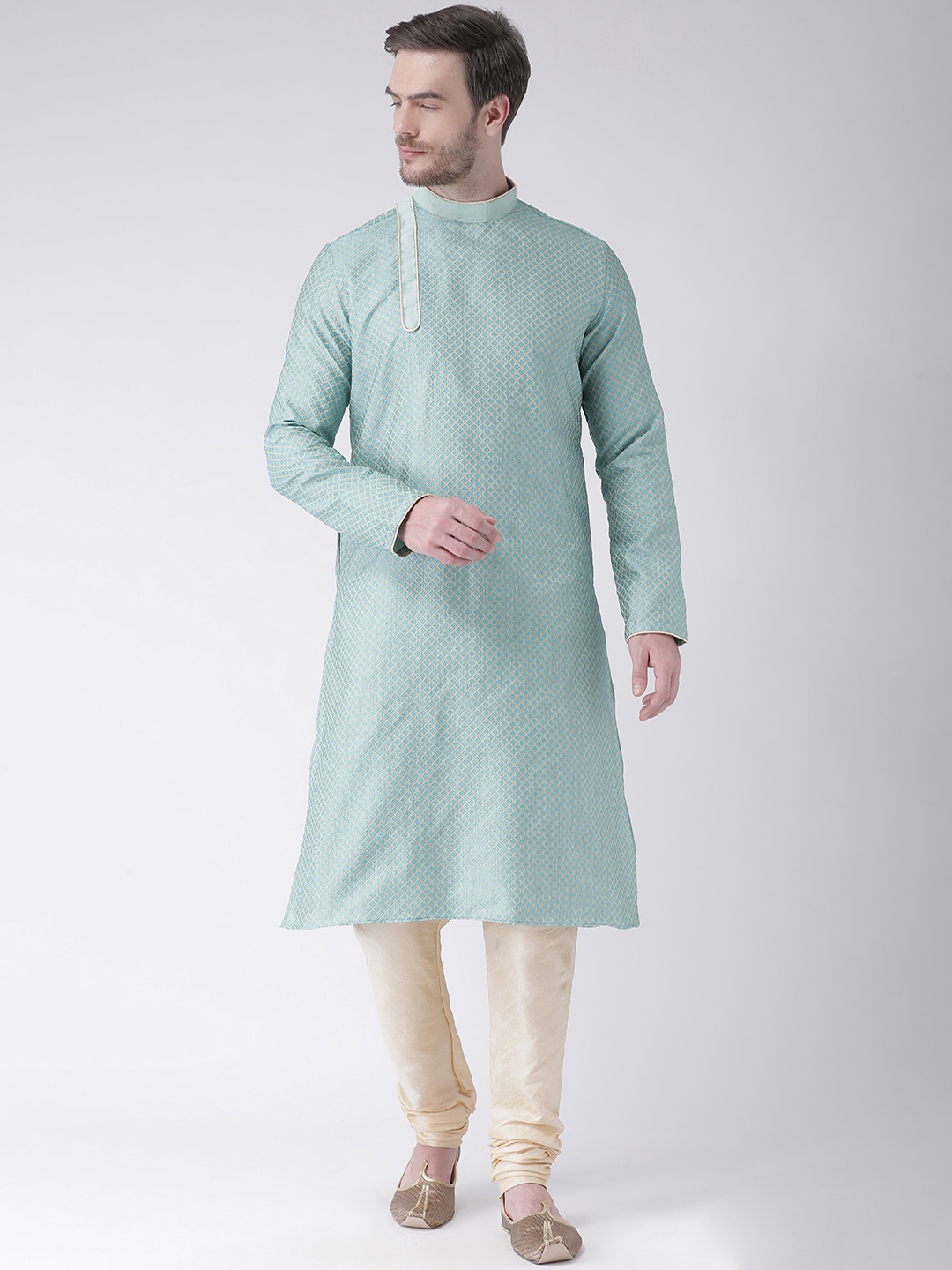 DEYANN Men Blue & Cream-Coloured Self Design Kurta with Churidar