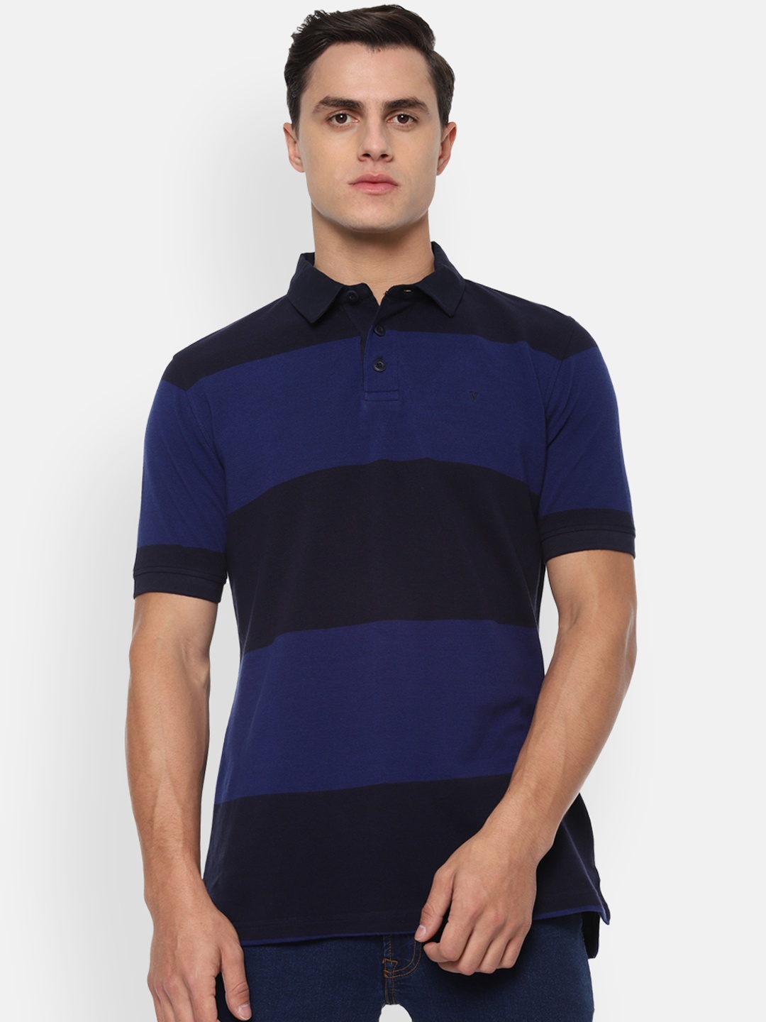 Van Heusen Sport Men Blue Black Striped Polo Collar Pure Cotton T-shirt