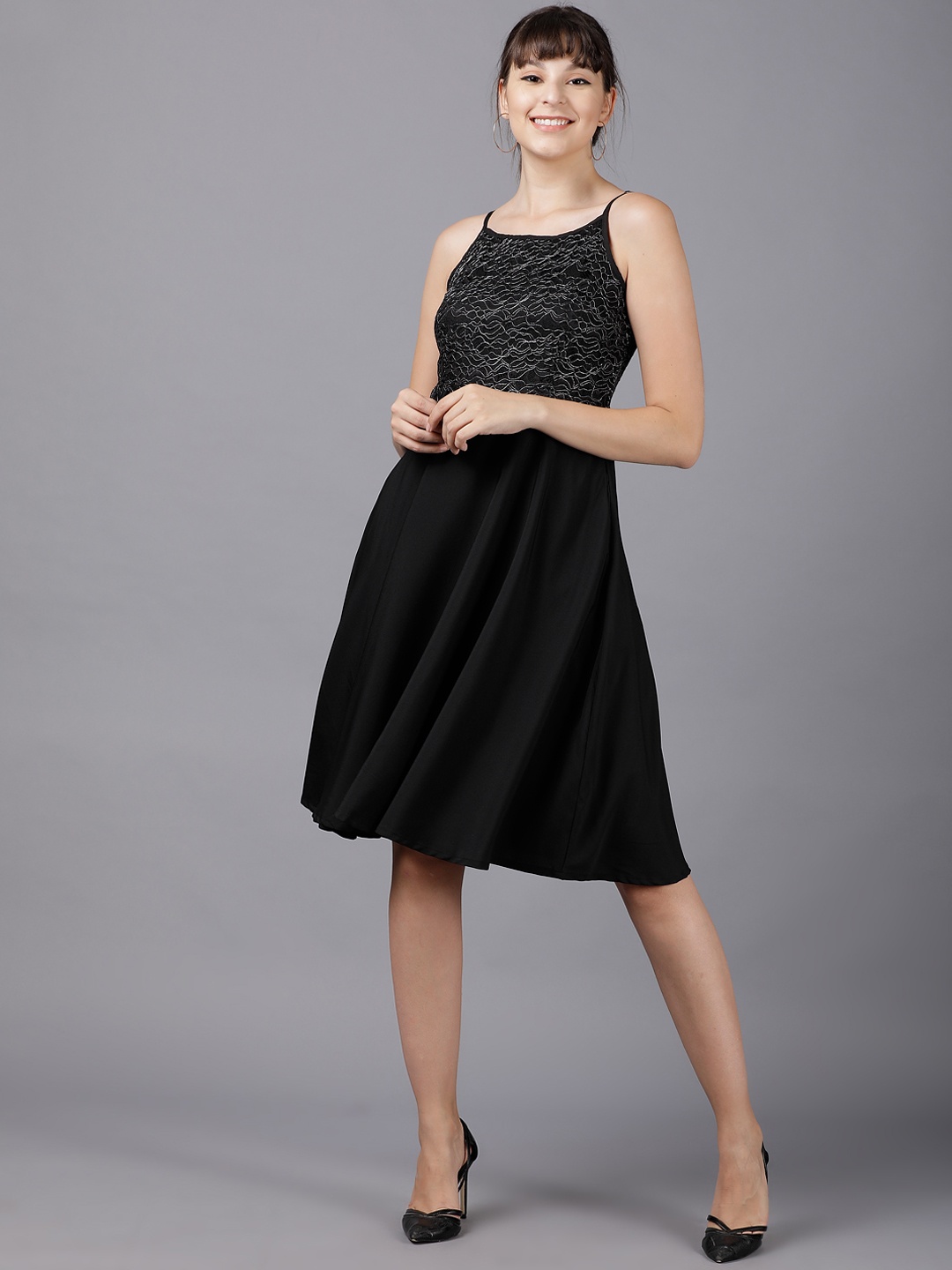 Tokyo Talkies Women Black Self Design Fit and Flare Dress