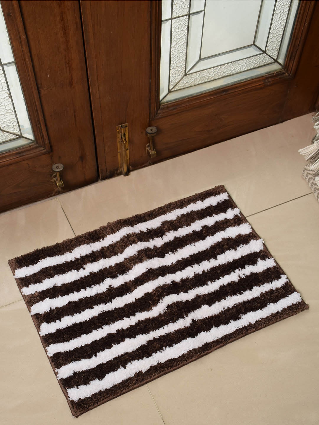 Avira Home Brown & White Striped Anti Slip Microfiber Mat