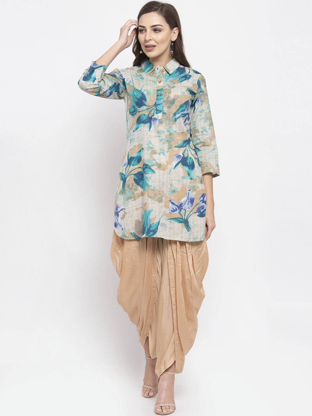 Jompers Women Blue & Beige Floral Pure Cotton Printed Pure Cotton Kurti
