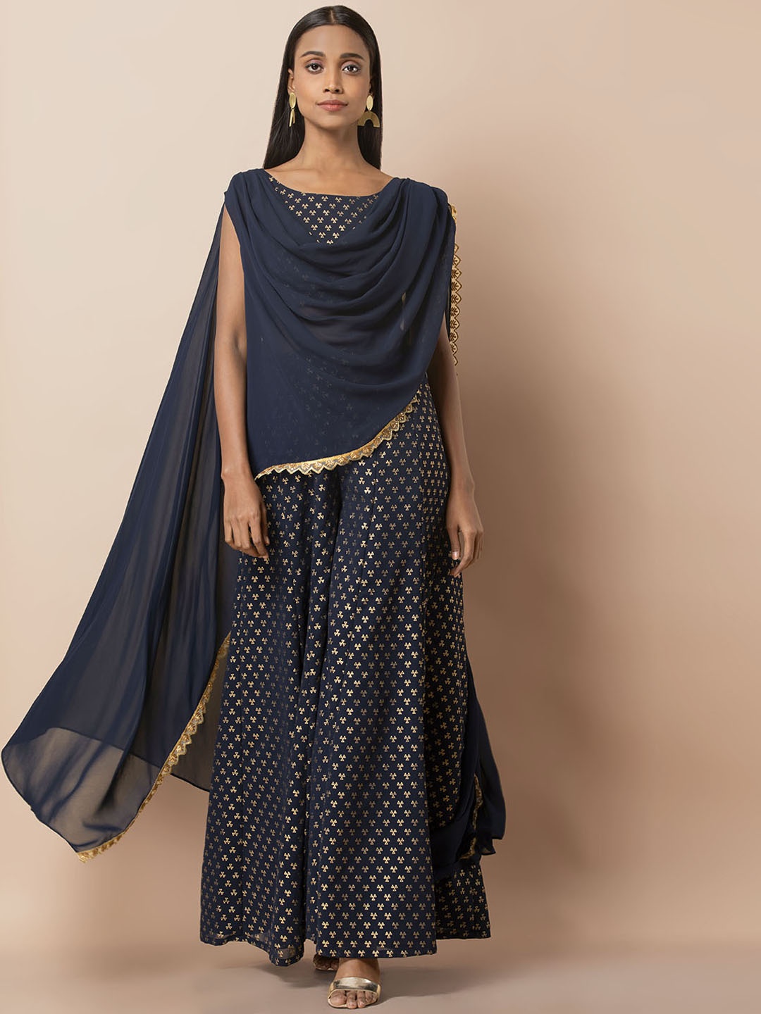 INDYA Women Navy Blue Printed Crop Top with Attached Dupatta