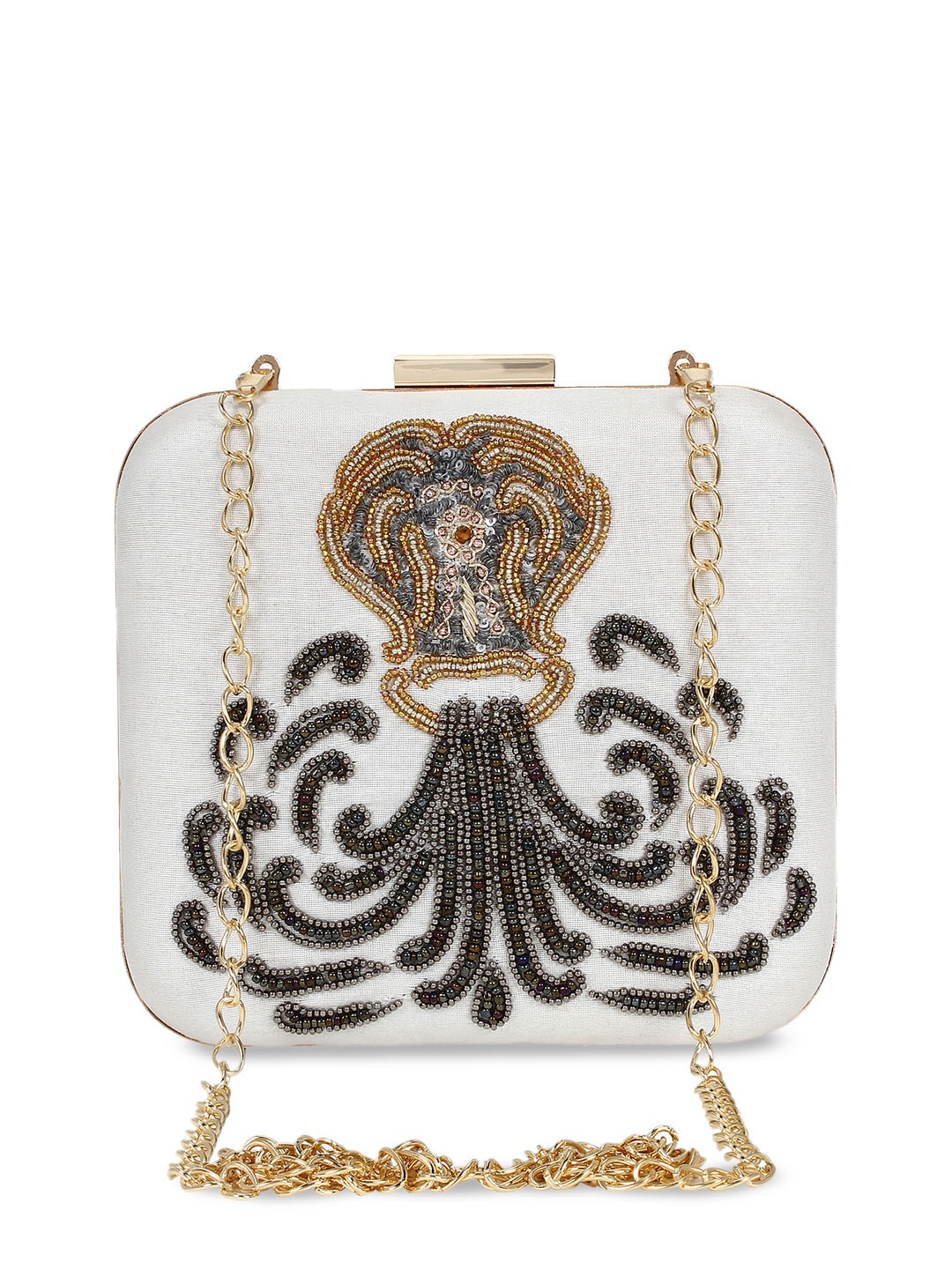 Anekaant White & Grey Embellished Box Clutch