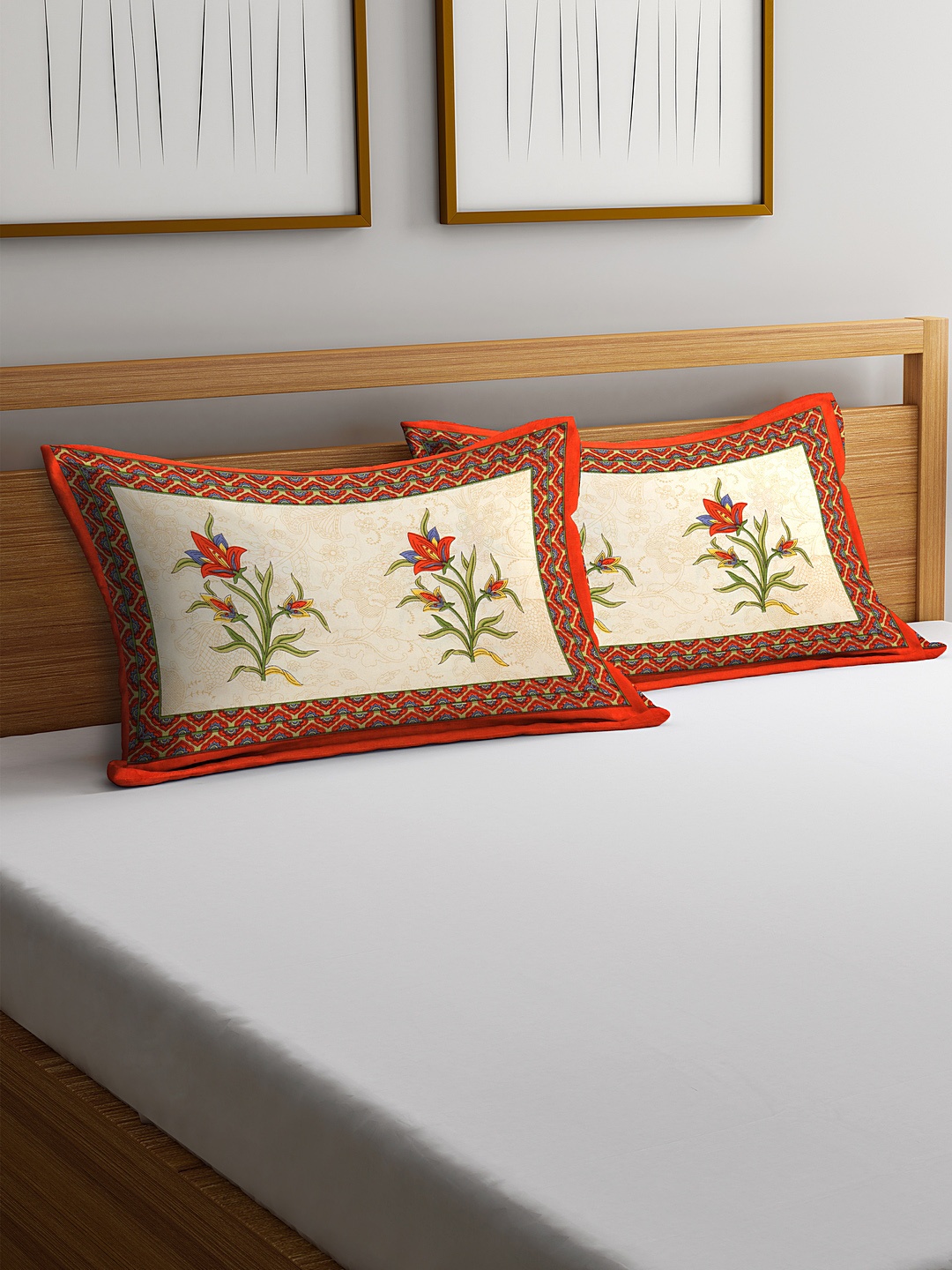 Set of 2 Rajasthan Decor Beige & Orange Screen Print Pillow Covers