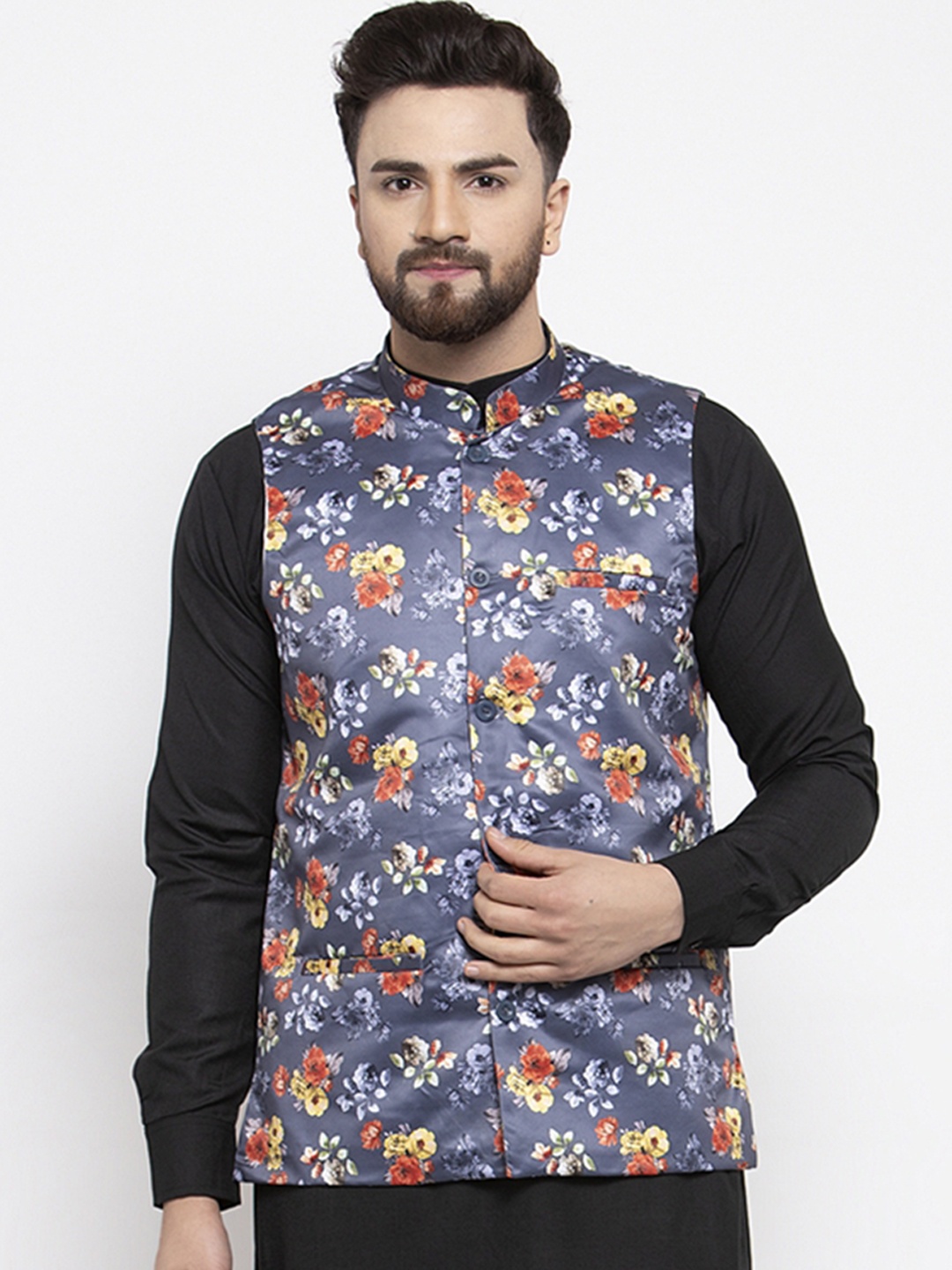 Jompers Men Grey & Orange Printed Nehru Jacket