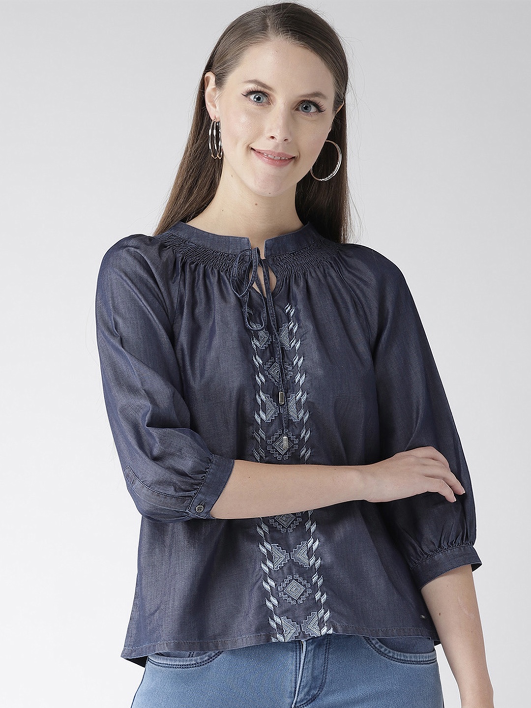 Xpose Women Navy Blue Printed Denim Pure Cotton Top