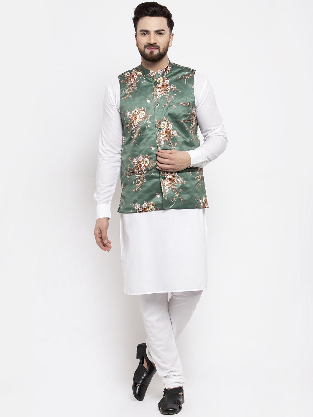Jompers Men White Solid Kurta with Churidar & Nehru Jacket