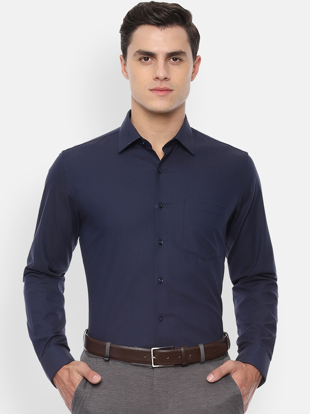 Van Heusen Men Navy Blue Slim Fit Self Design Formal Shirt