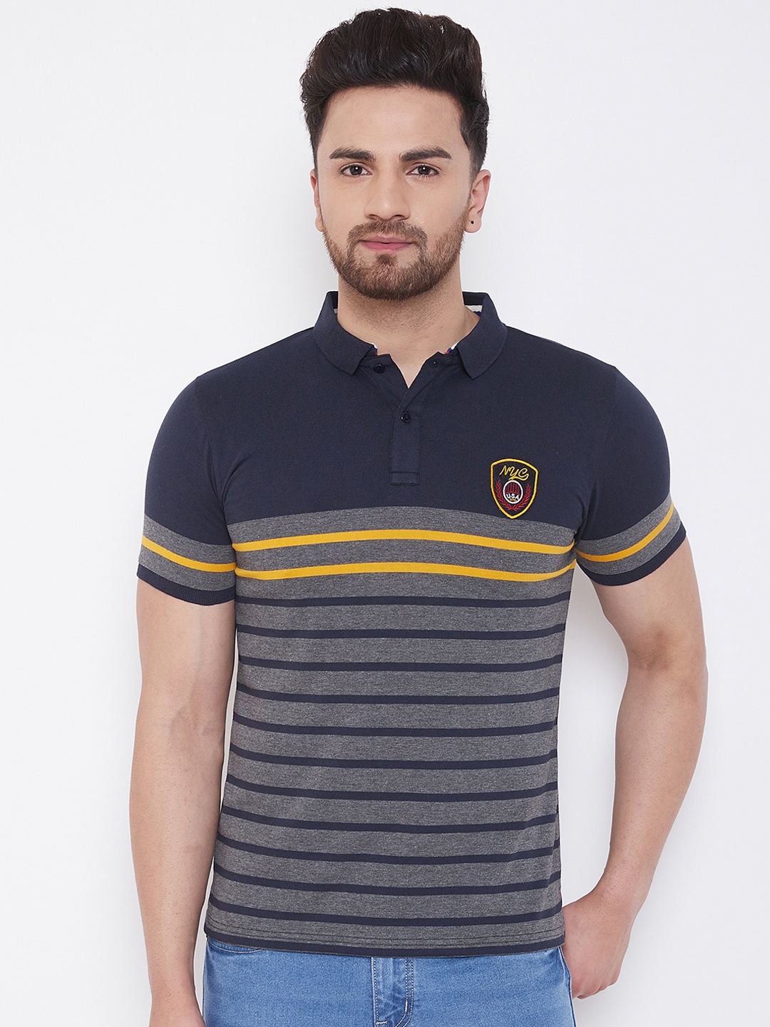 Austin wood Men Navy Blue & Grey Striped Polo Collar T-shirt