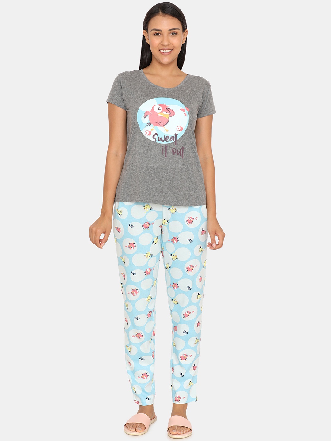 Zivame Women Grey & Blue Printed Night suit