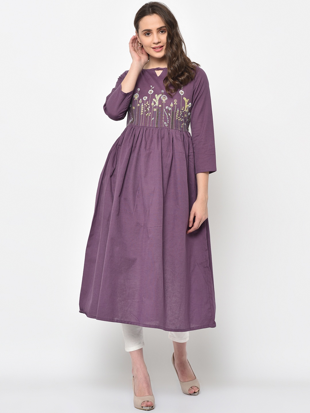 FLAVIDO Women Purple Embroidered A-Line Kurta