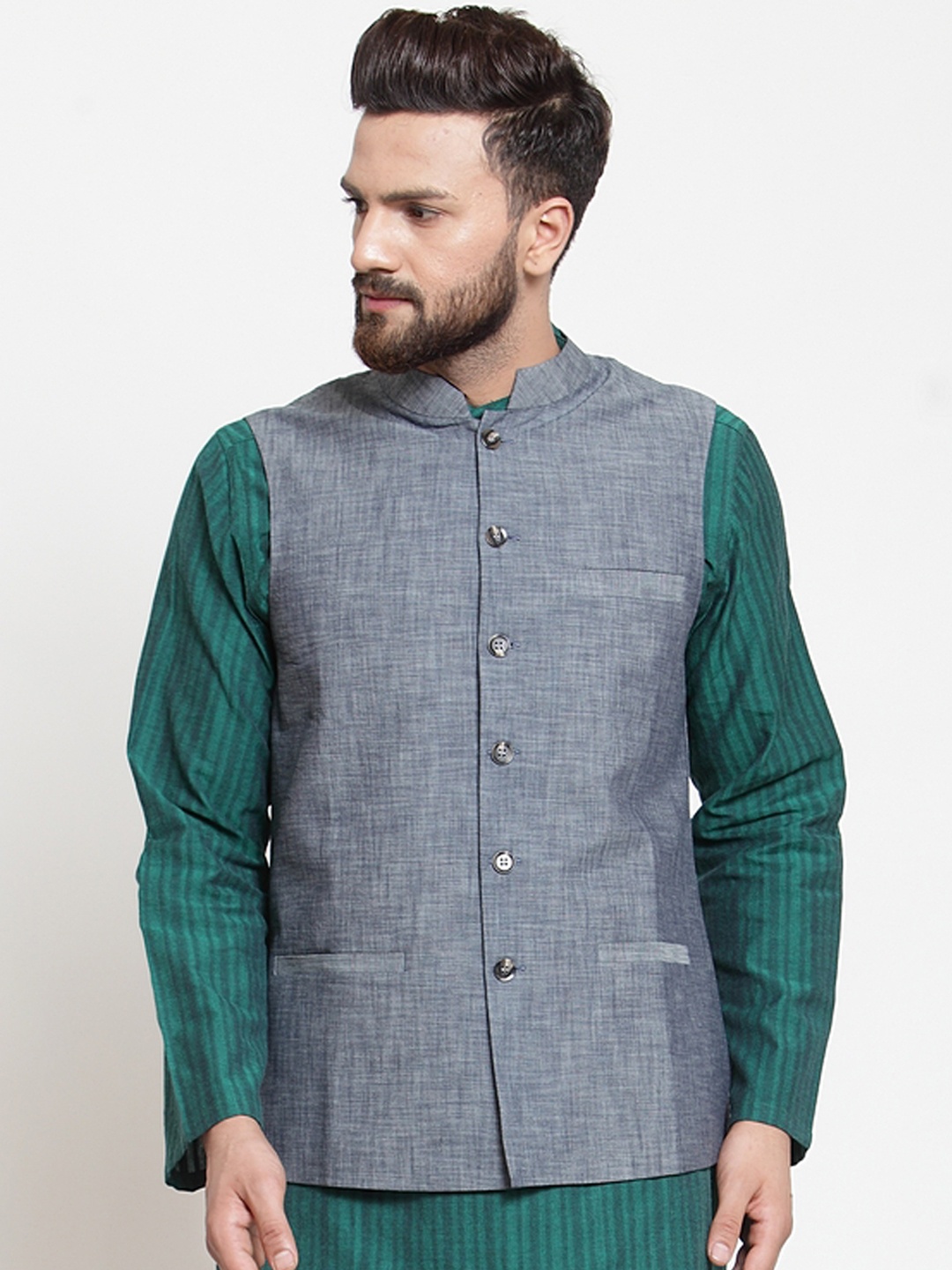 NEUDIS Men Grey Solid Pure Cotton Nehru Jacket