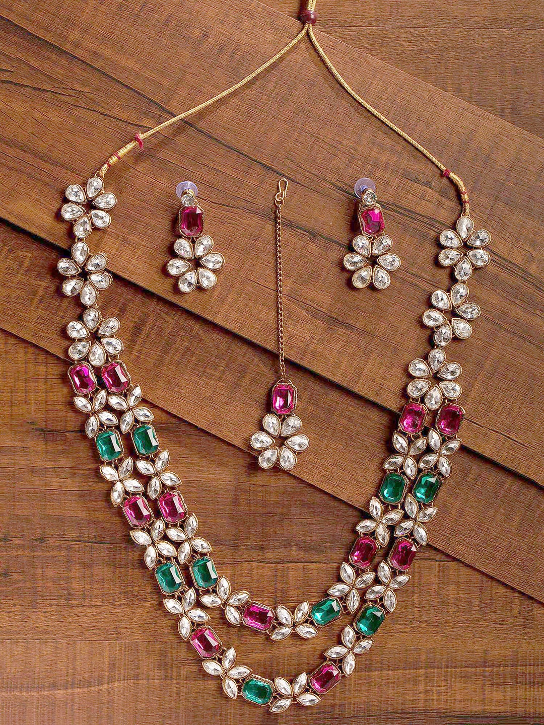 Zaveri Pearls Gold-Plated Pink & Green Artificial Stone-Studded Layered Jewellery Set
Zaveri Pearls Gold-Plated Pink & Green Artificial Stone-Studded Layered Jewellery Set