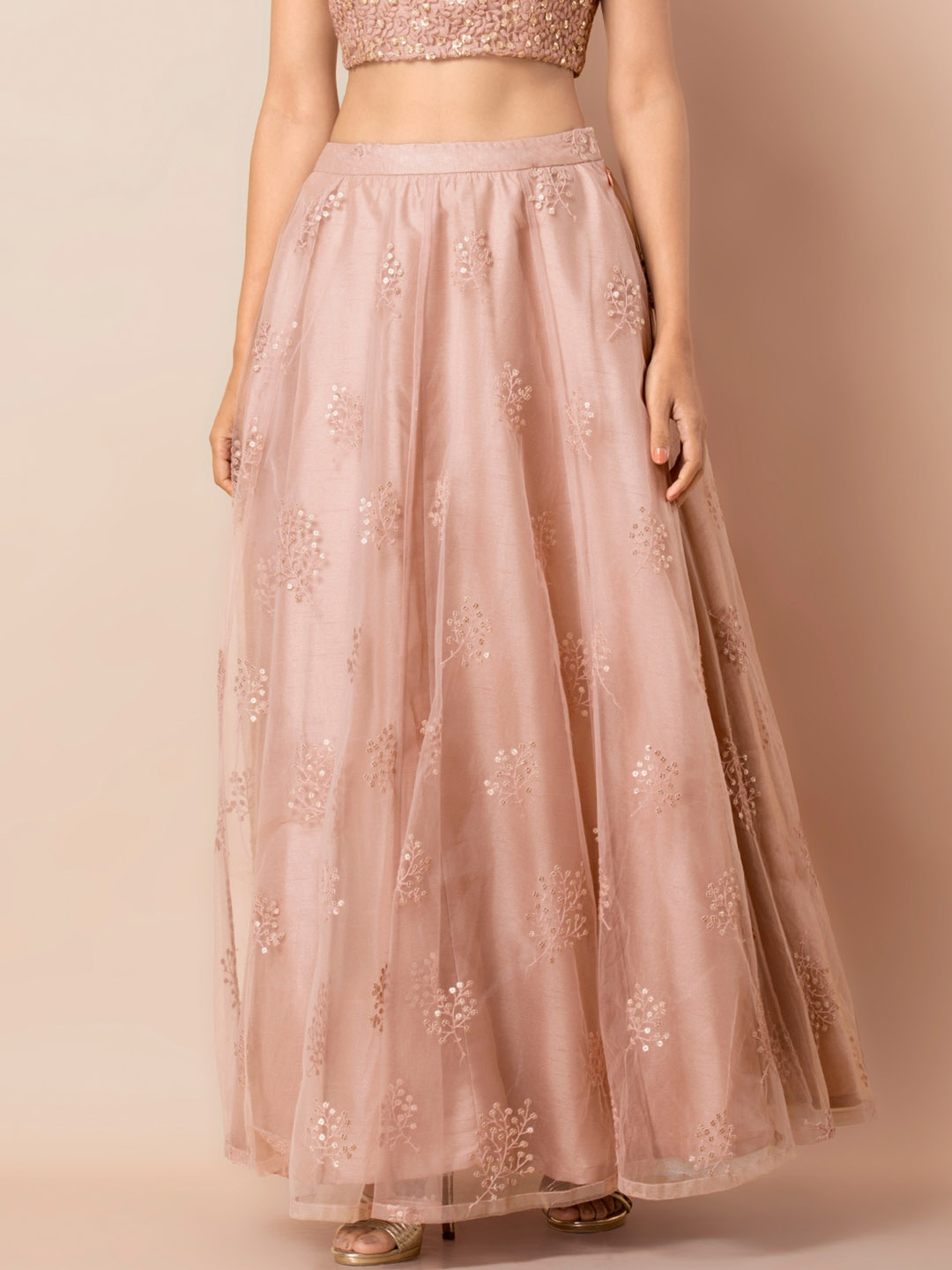 INDYA Women Pink Embroidered Mesh Flared Maxi Skirt With Cancan