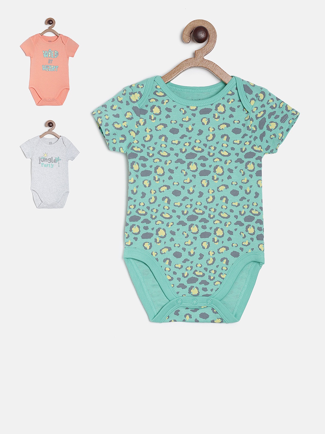 MINI KLUB Boys Pack of 3 Green & Peach Printed Bodysuits